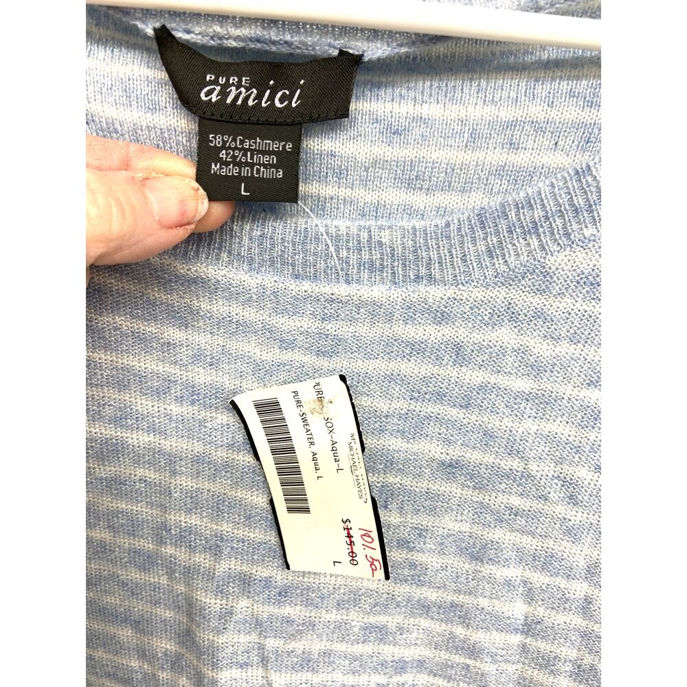 Pure Amici Striped Sweater Top Blue Aqua Cashmere Blend Half Sleeve Size L NWT - Picture 2 of 3